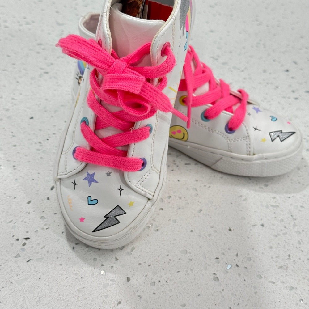 Kids White High-Top Sneakers with Pink Laces